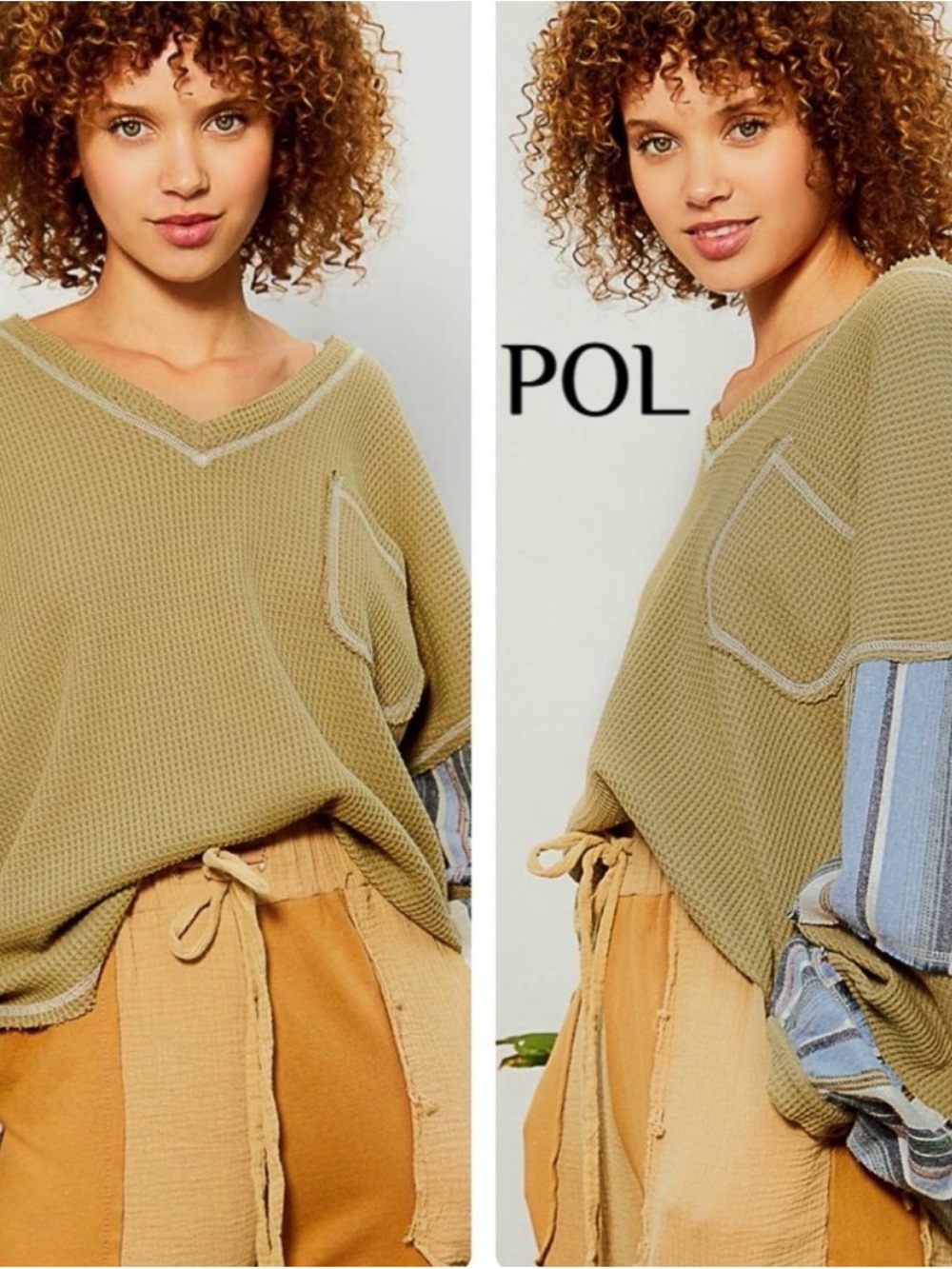 POL Olive Waffle-Knit V-Neck Top with Contrast Pocket Trim